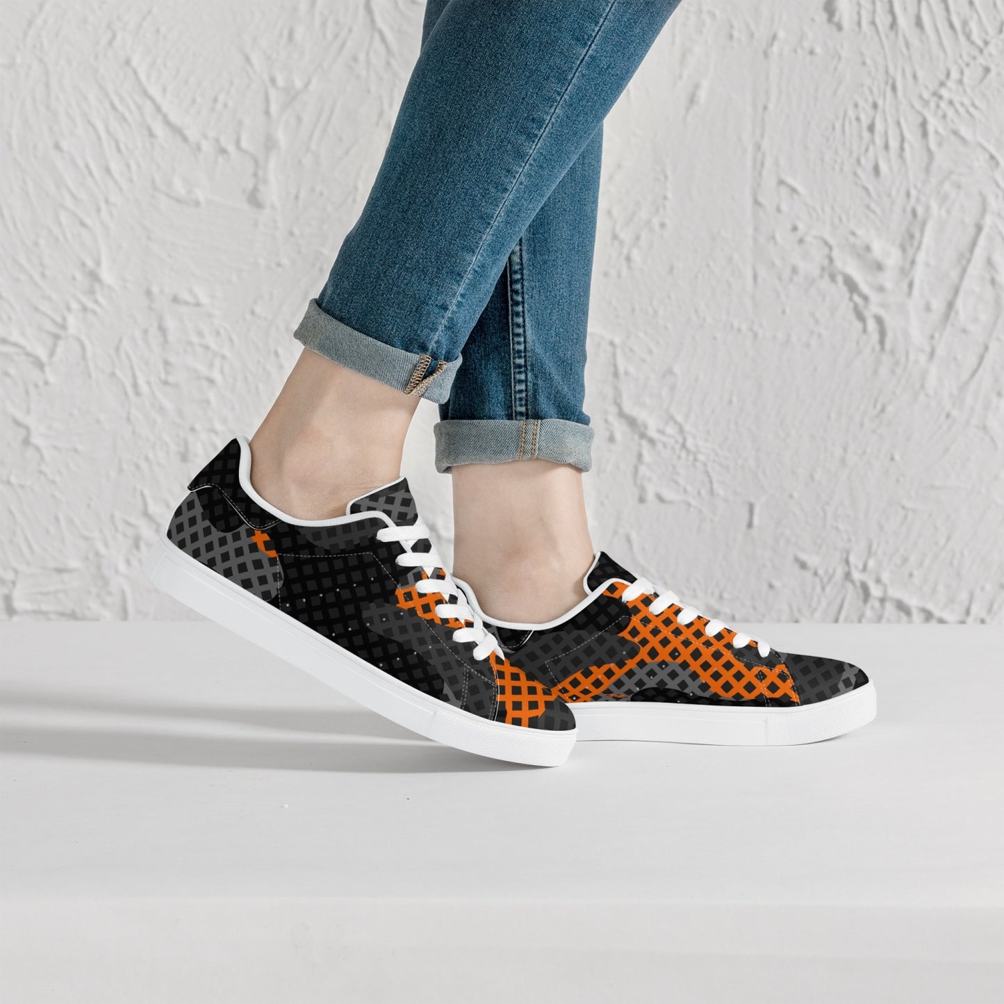 Camo Sneakers | Classic Low-Top Leather | Orange & Black Pixel