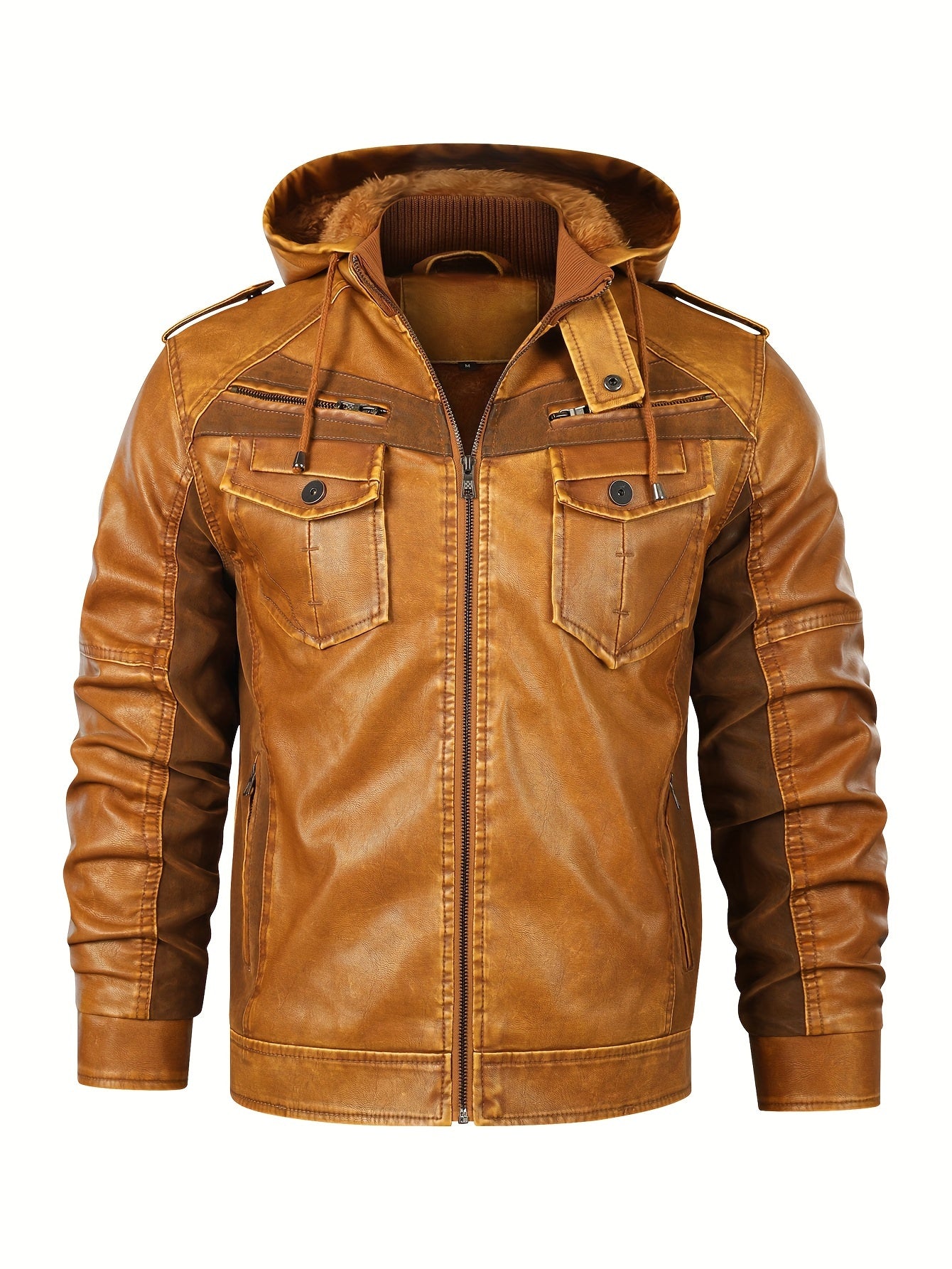 Faux Leather Hooded Jacket | Men's Zippered Motorcycle Coat