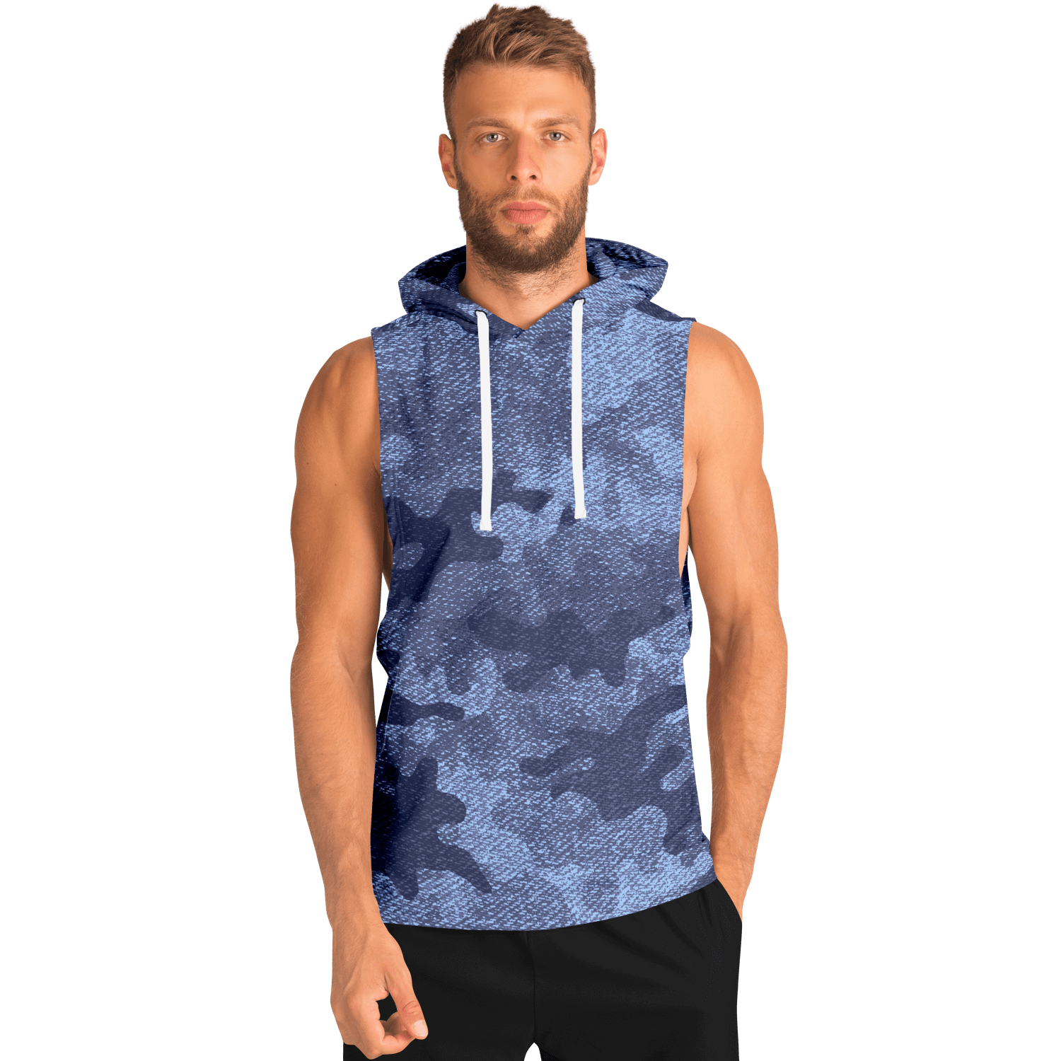 Sleeveless Hoodie | Blue Denim Camouflage