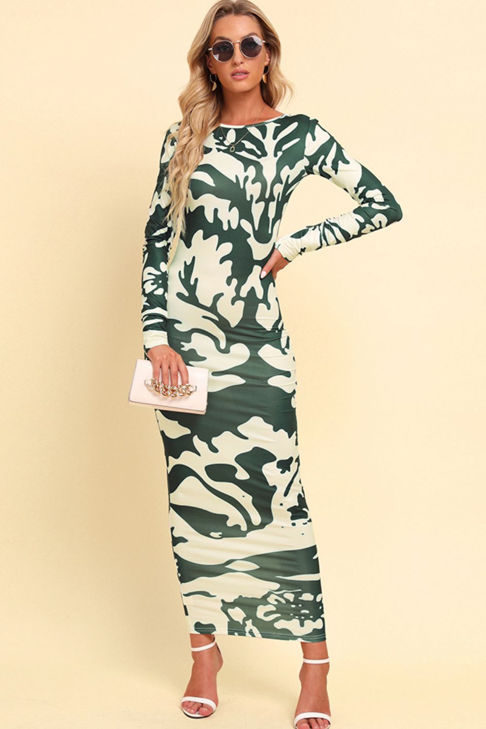 Printed Backless Long Sleeve Maxi Camo Dress