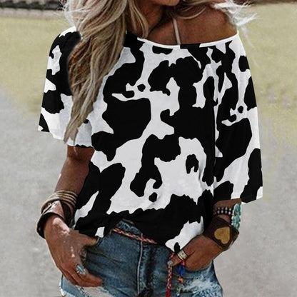 Off The Shoulder Top | Black & White Cow Camouflage