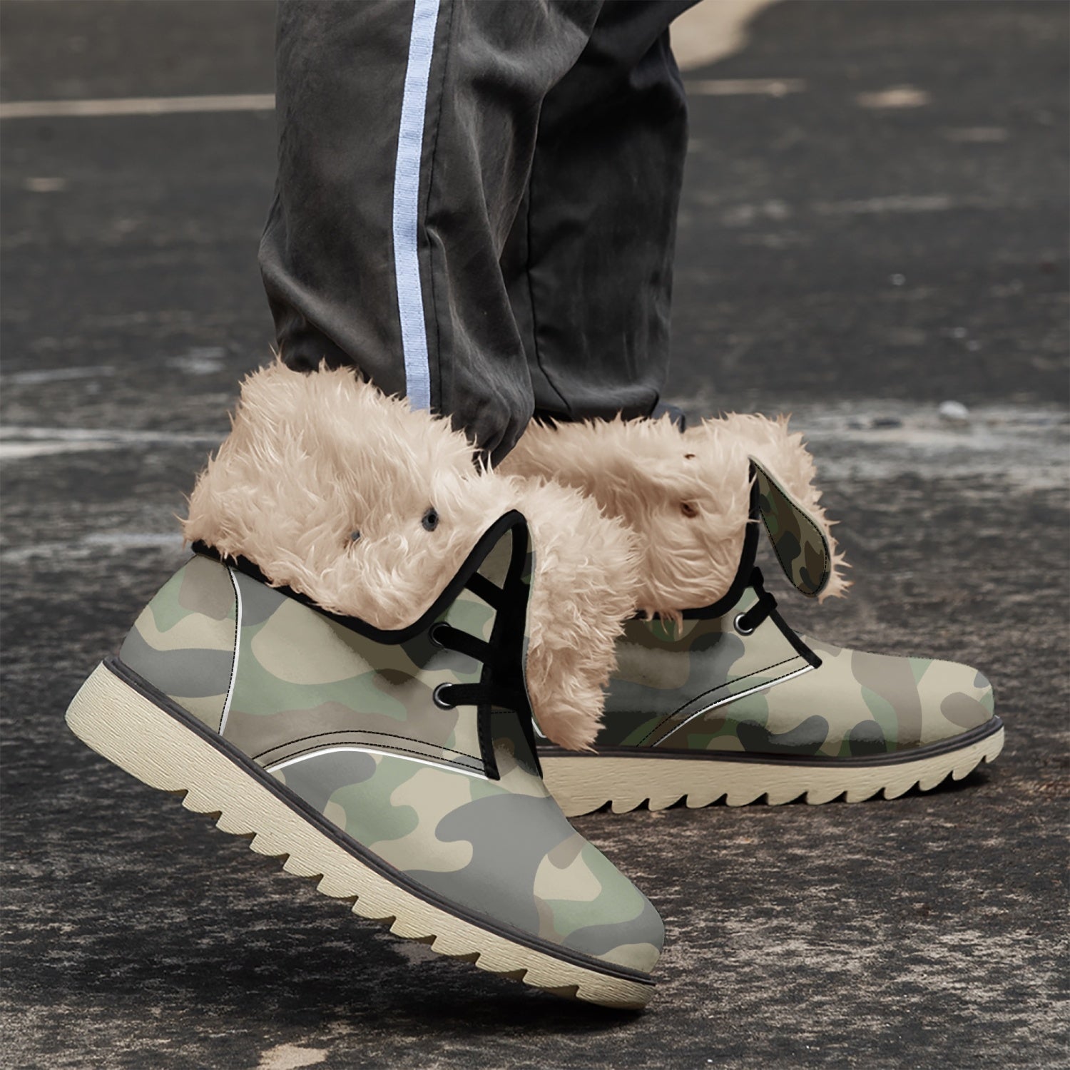 Camo Boots | Military Brown Cotton-Pad Fur Lining