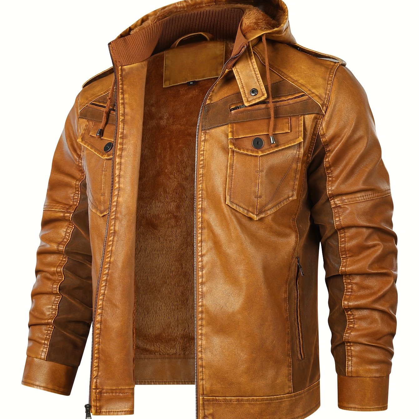 Faux Leather Hooded Jacket | Men's Zippered Motorcycle Coat