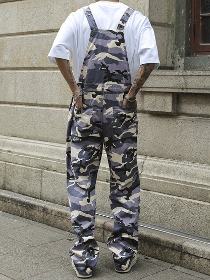 Men's Gray Camo Denim Overalls with Zip