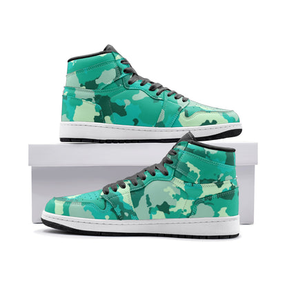 Cyan Green Camo Sneakers | High Top Leather