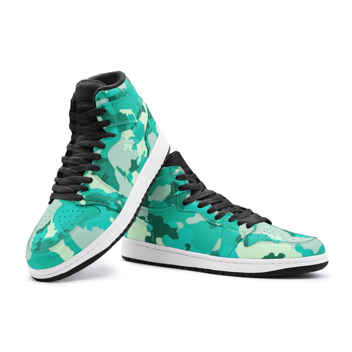 Cyan Green Camo Sneakers | High Top Leather