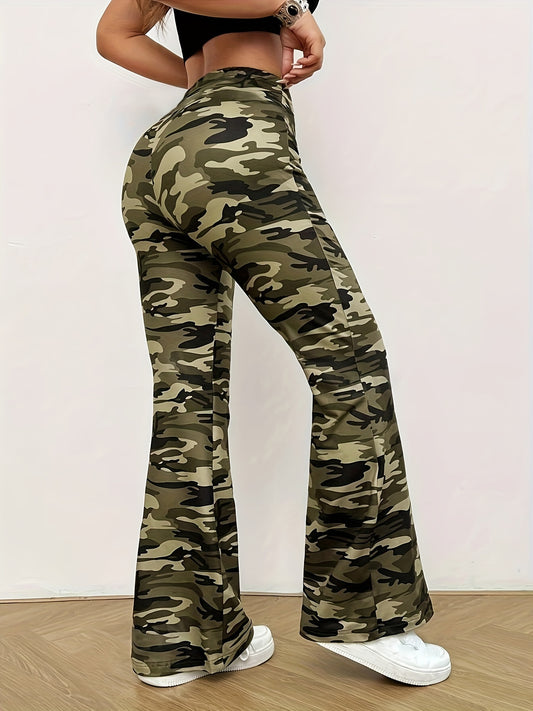 Camouflage Flare Leg Pants, Casual Slim Flare Leg Pants For All-season