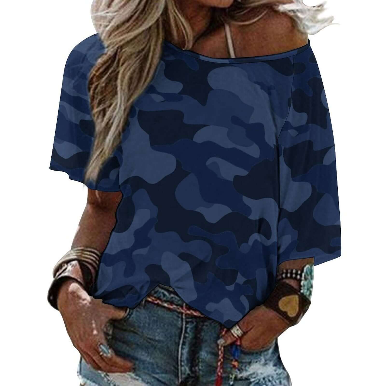 Off The Shoulder Top | Deep Blue Camo Shirt