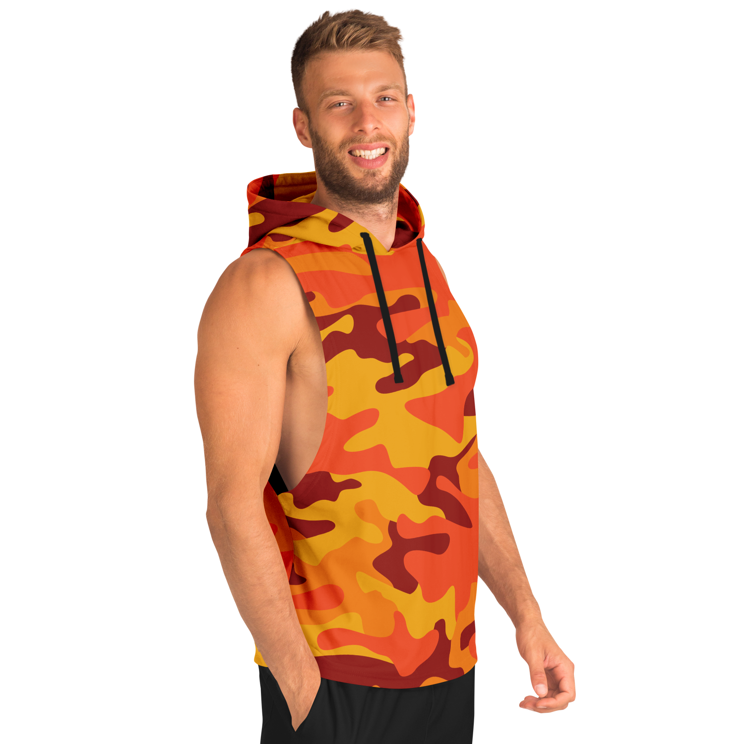 Sleeveless Hoodie | Orange & Red Camouflage