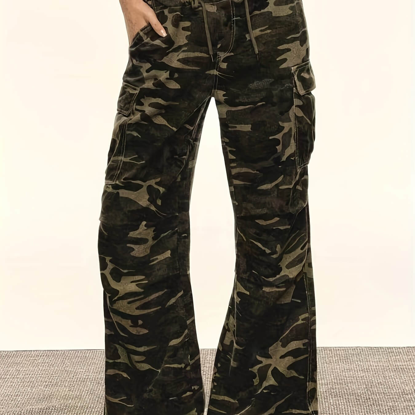 Women's Green Camo Cargo Wide Leg Denim Jeans | Cotton Blend