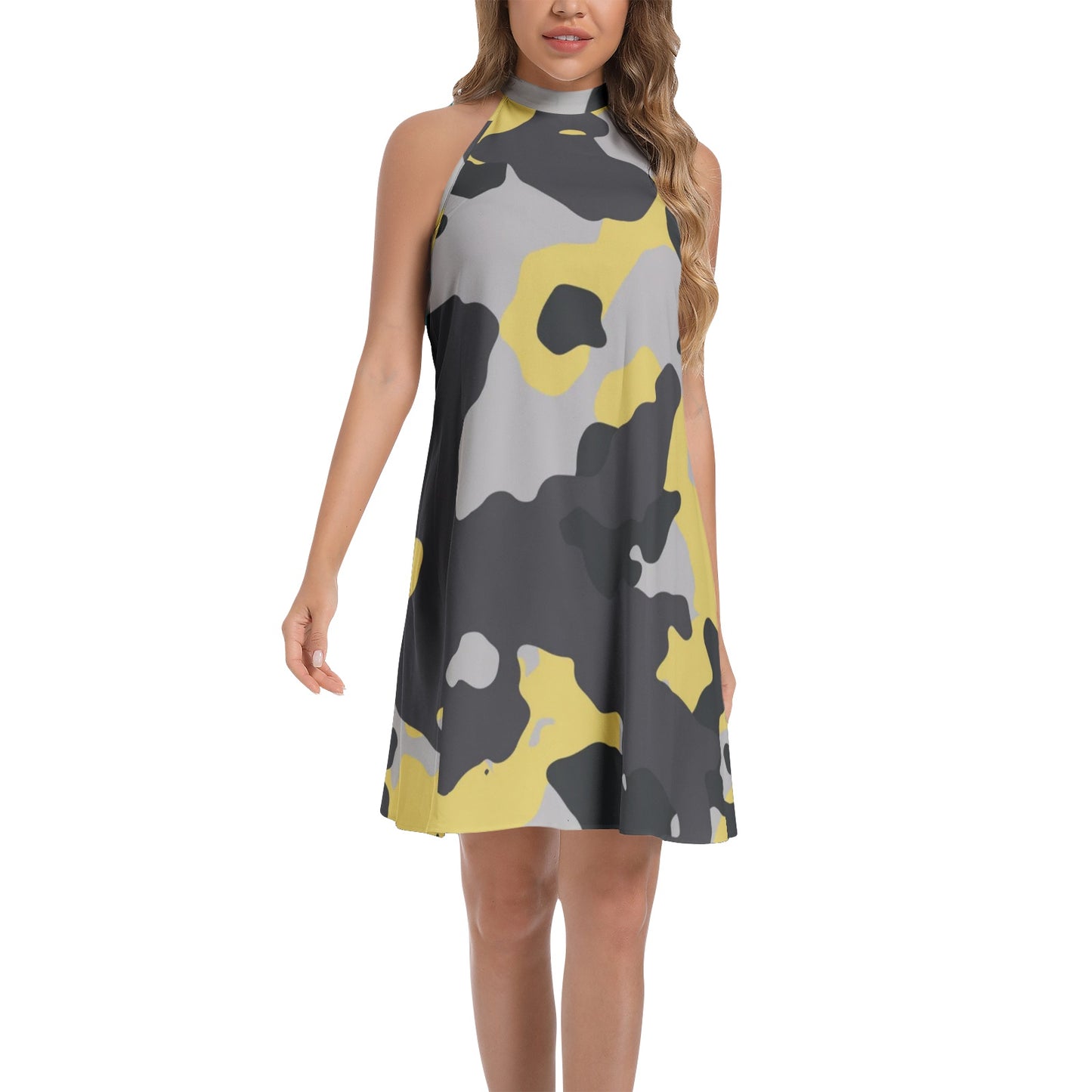 Flared Camo Dress | Halter Neck | Yellow, Black, and Silver