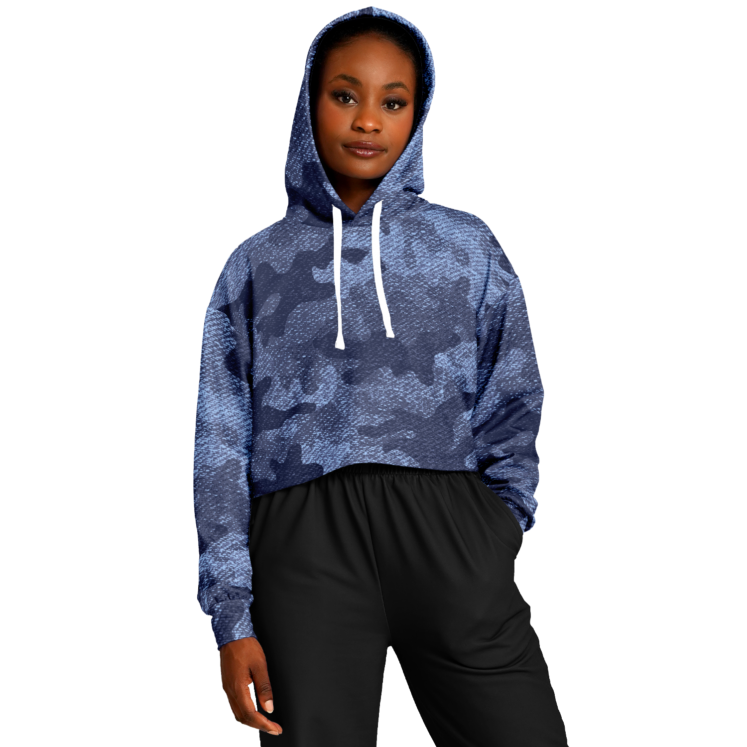 Cropped Hoodie For Women | Blue Denim Camouflage