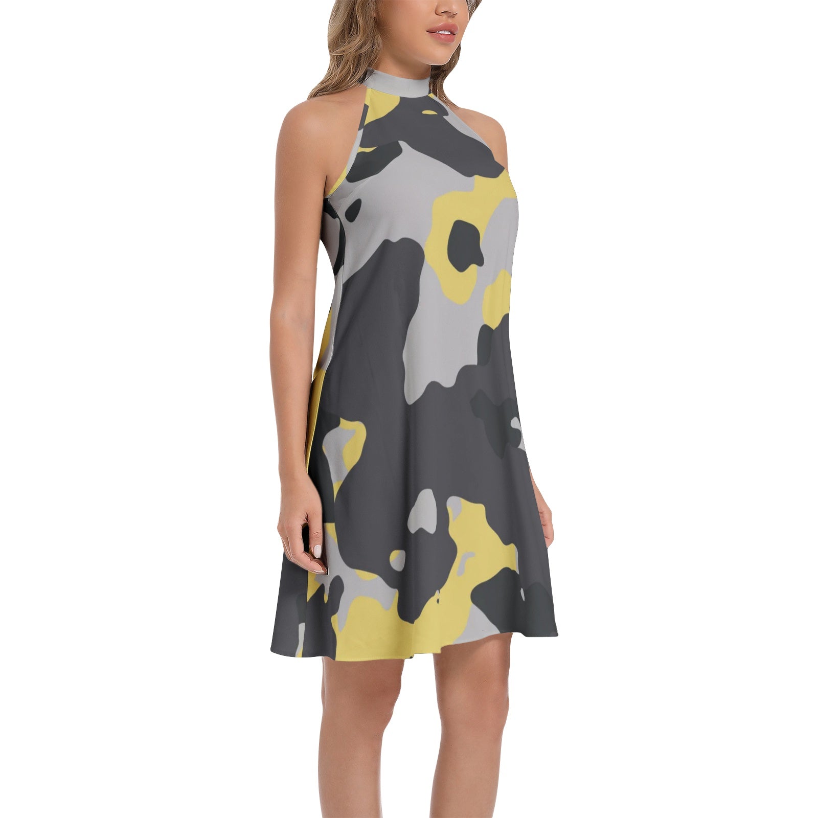 Flared Camo Dress | Halter Neck | Yellow, Black, and Silver