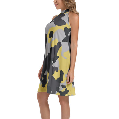 Flared Camo Dress | Halter Neck | Yellow, Black, and Silver