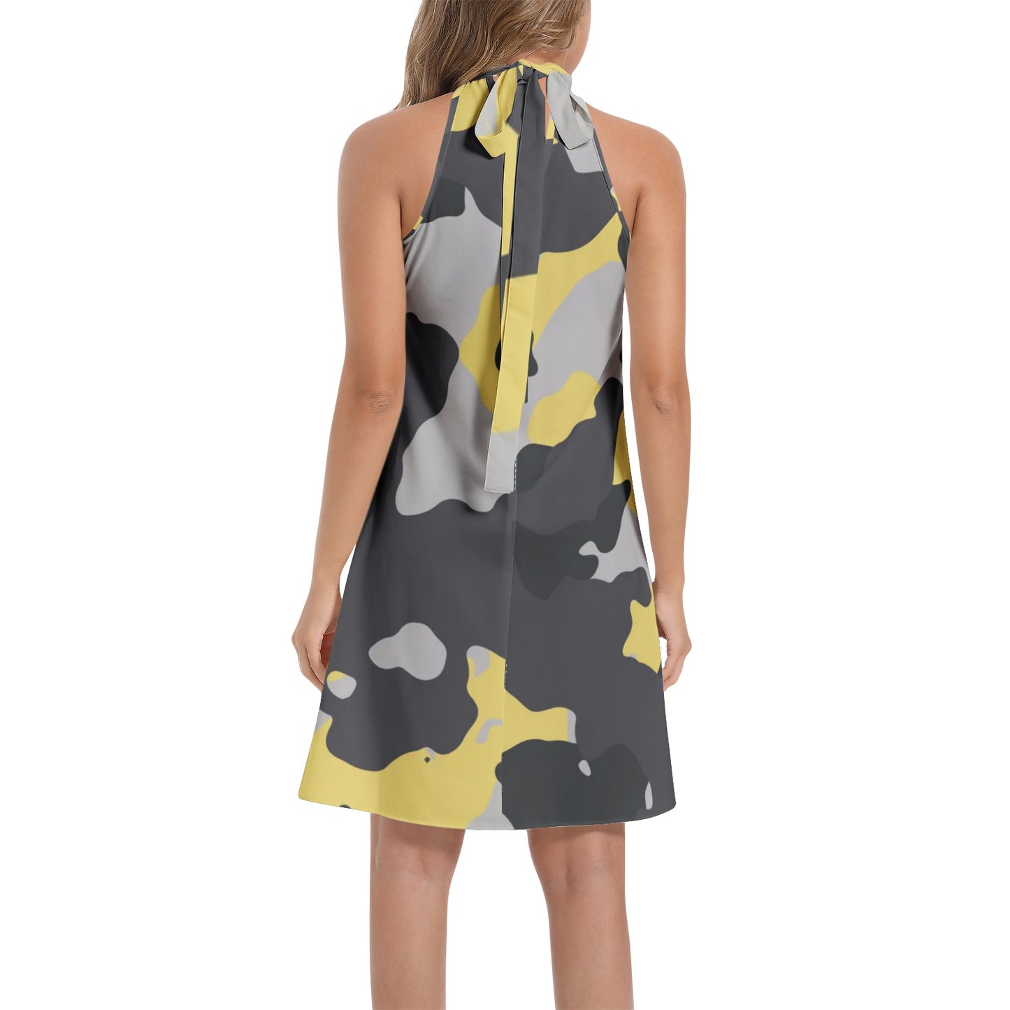 Flared Camo Dress | Halter Neck | Yellow, Black, and Silver