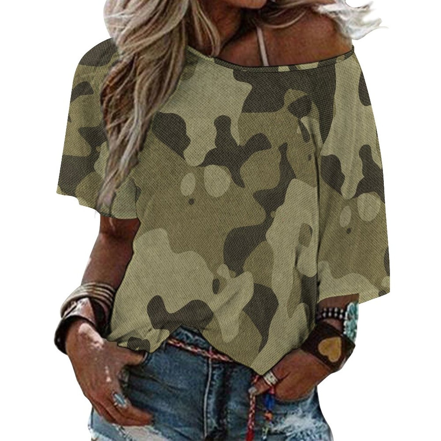 Off The Shoulder Top | Green Fabric Camouflage