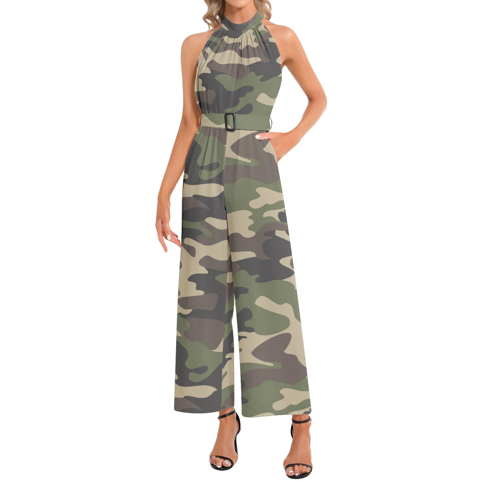 Camo Jumpsuit | Belted Halter Neck | Classic Green