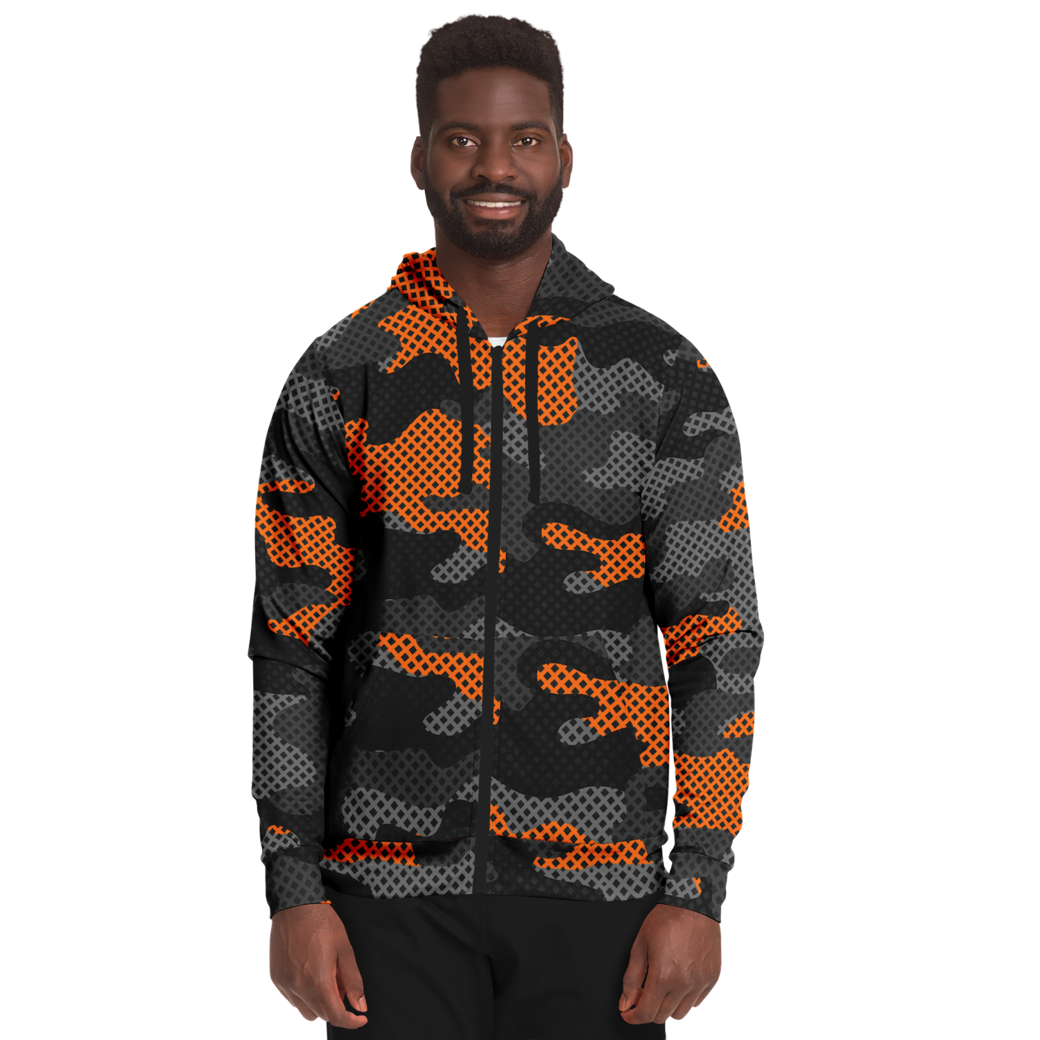 Zip-Up Hoodie | Orange & Black Pixel Camouflage