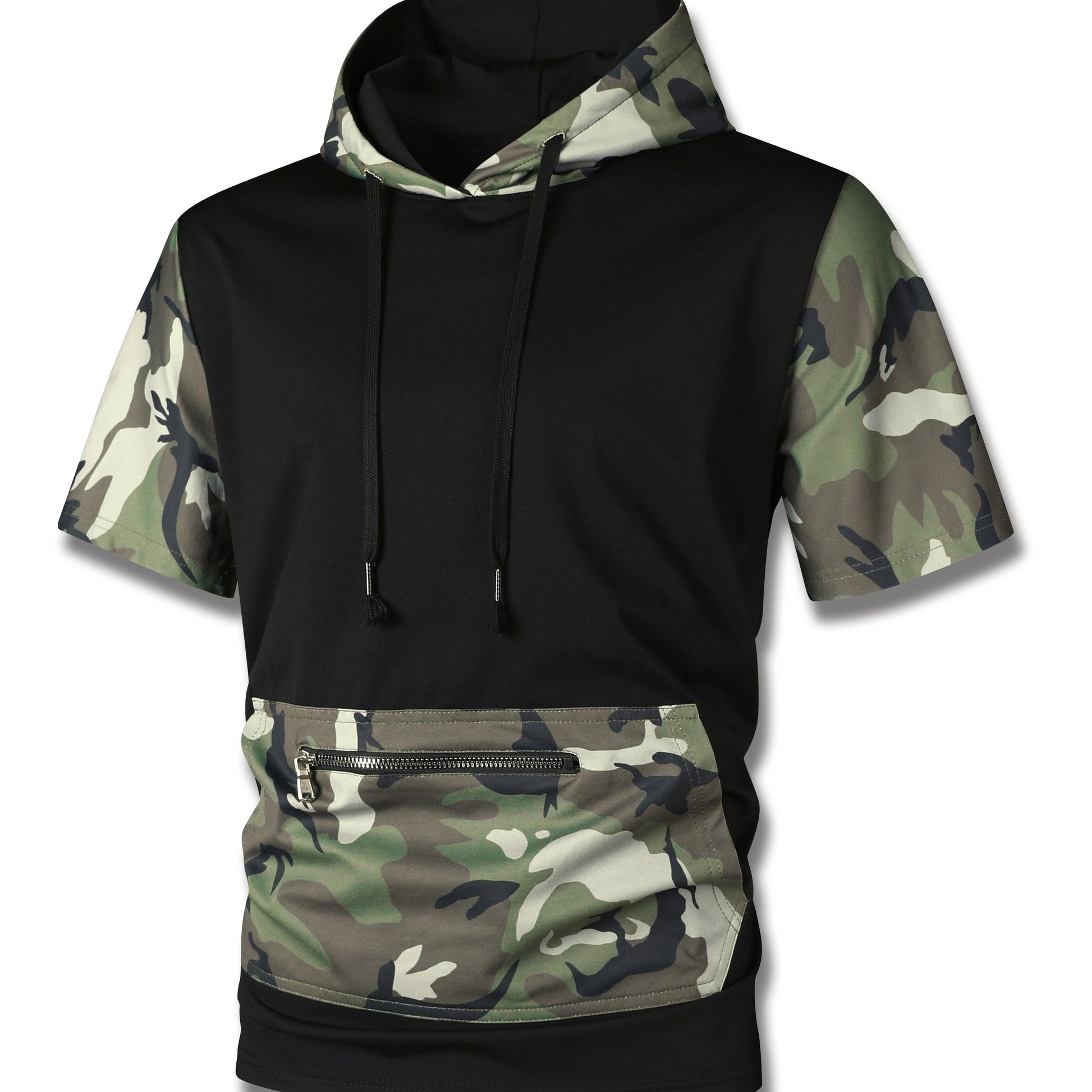 Men's Camo Hooded Short Sleeve Sweatshirt With A Zippered Kangaroo Pocket