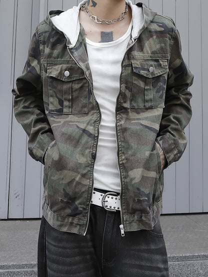 Men's Camo Denim Jacket: Hooded, Zip-Up, Regular Fit with Pockets