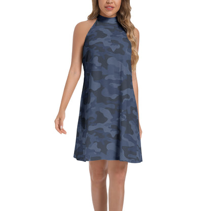 Flared Camo Dress | Halter Neck | Deep Blue Camouflage