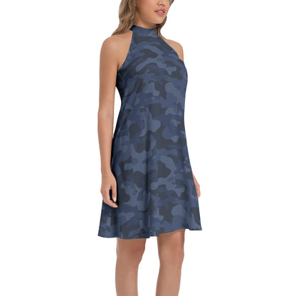 Flared Camo Dress | Halter Neck | Deep Blue Camouflage