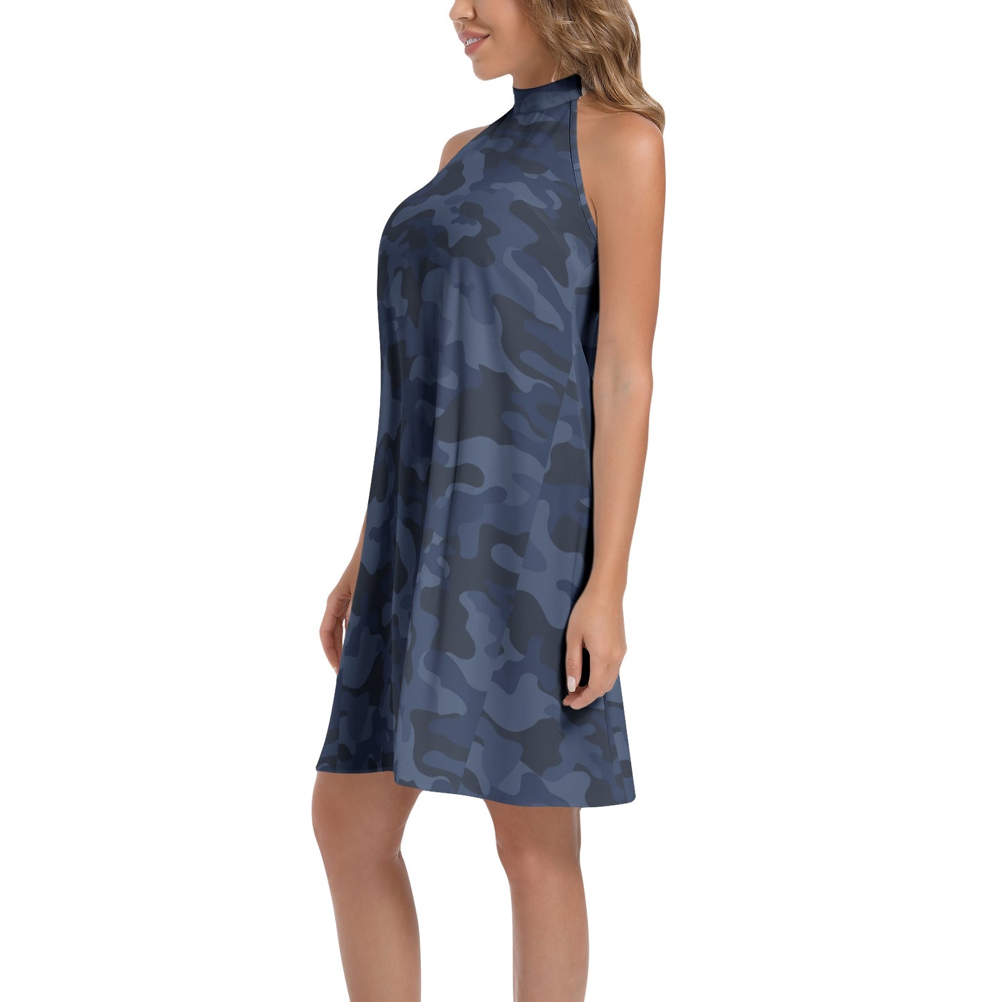 Flared Camo Dress | Halter Neck | Deep Blue Camouflage