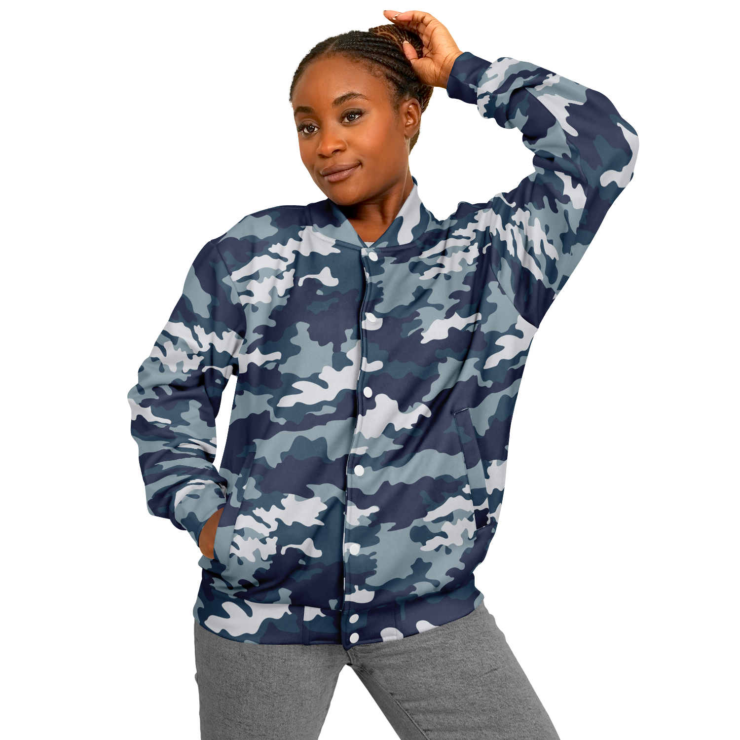 Baseball Jacket in Navy Blue Camouflage Print