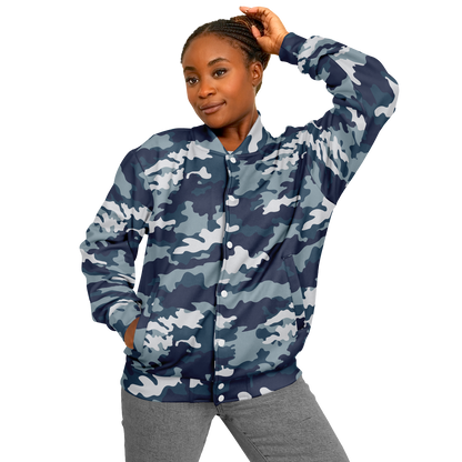 Baseball Jacket in Navy Blue Camouflage Print