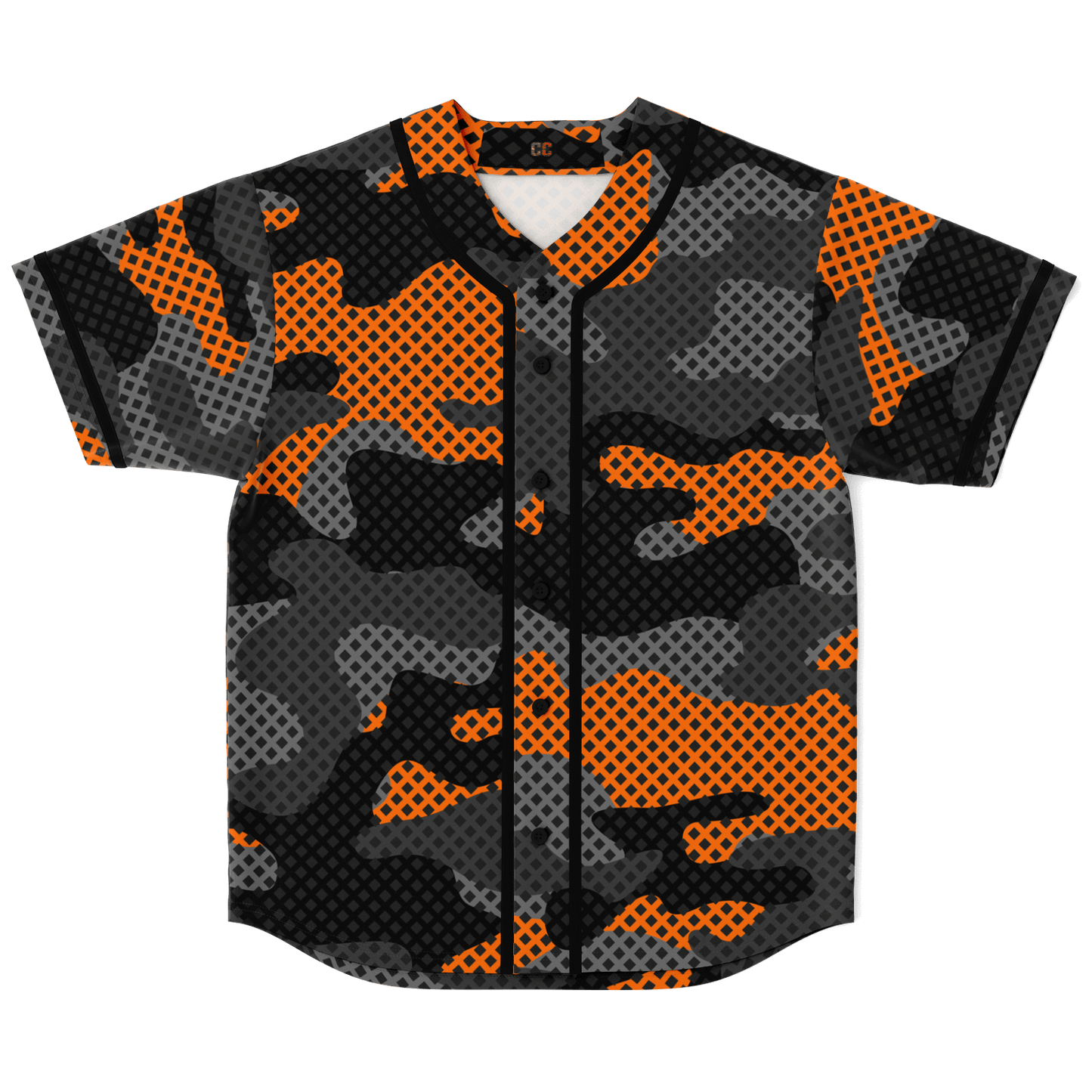 Camo Baseball Jersey | Black & Orange Pixel Camouflage