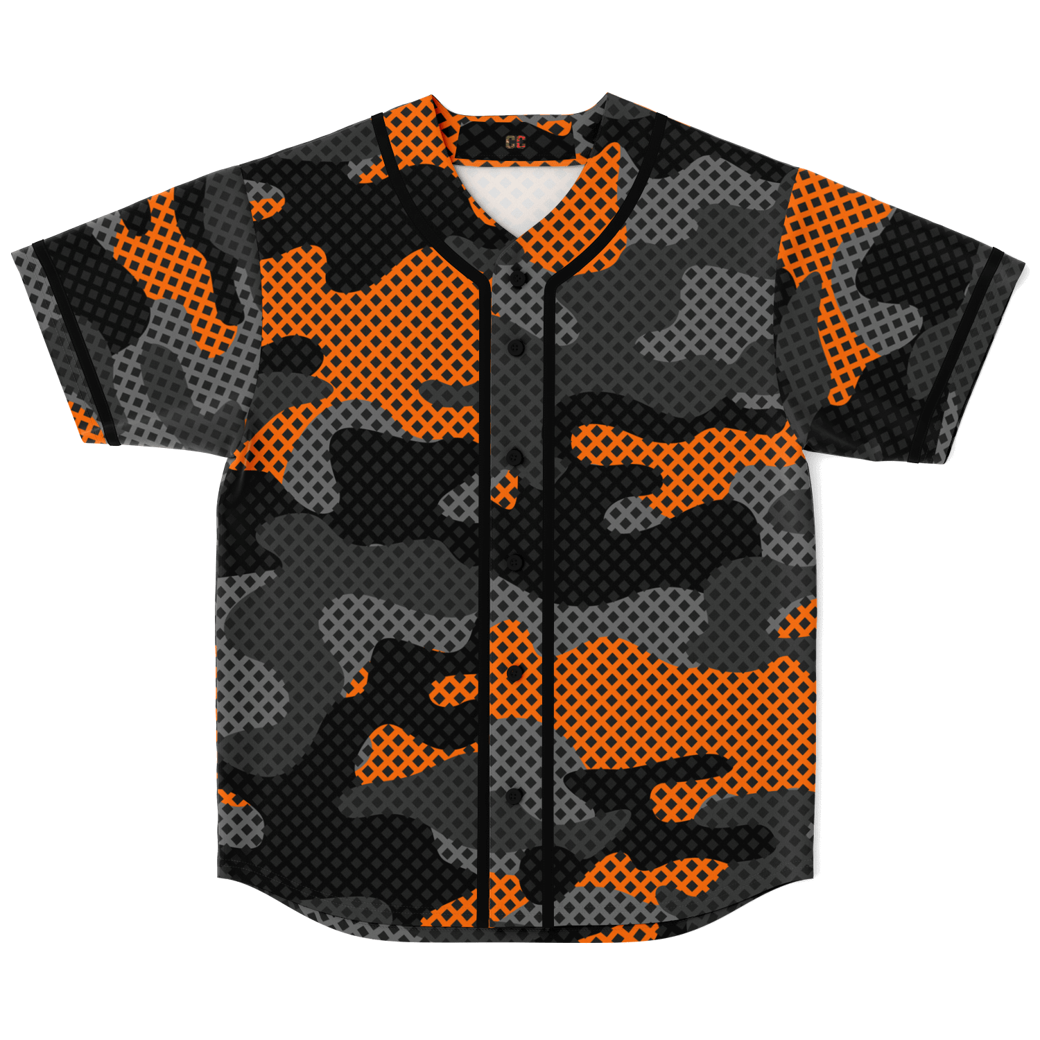 Camo Baseball Jersey | Black & Orange Pixel Camouflage