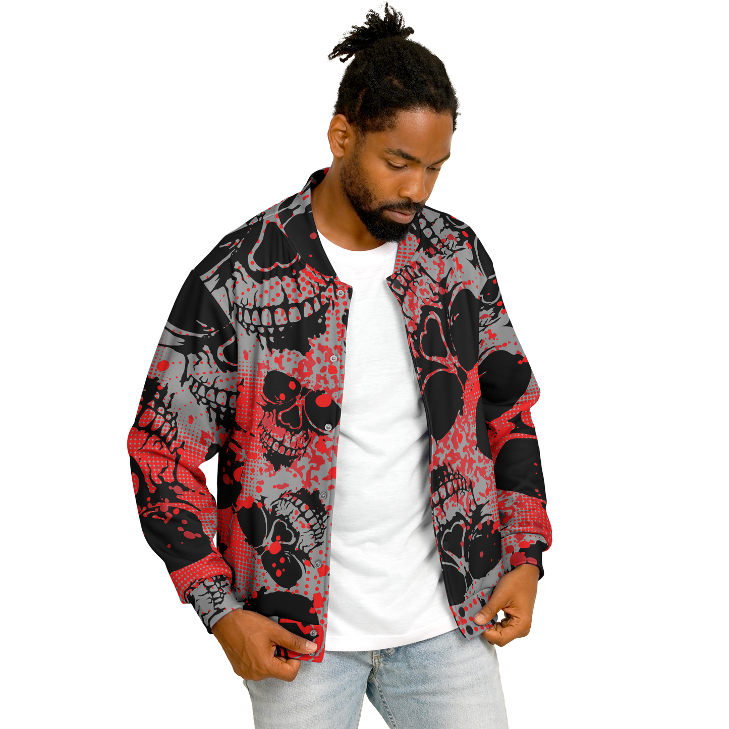 Baseball Jacket | Grunge Skulls Print in Red & Black | Unisex