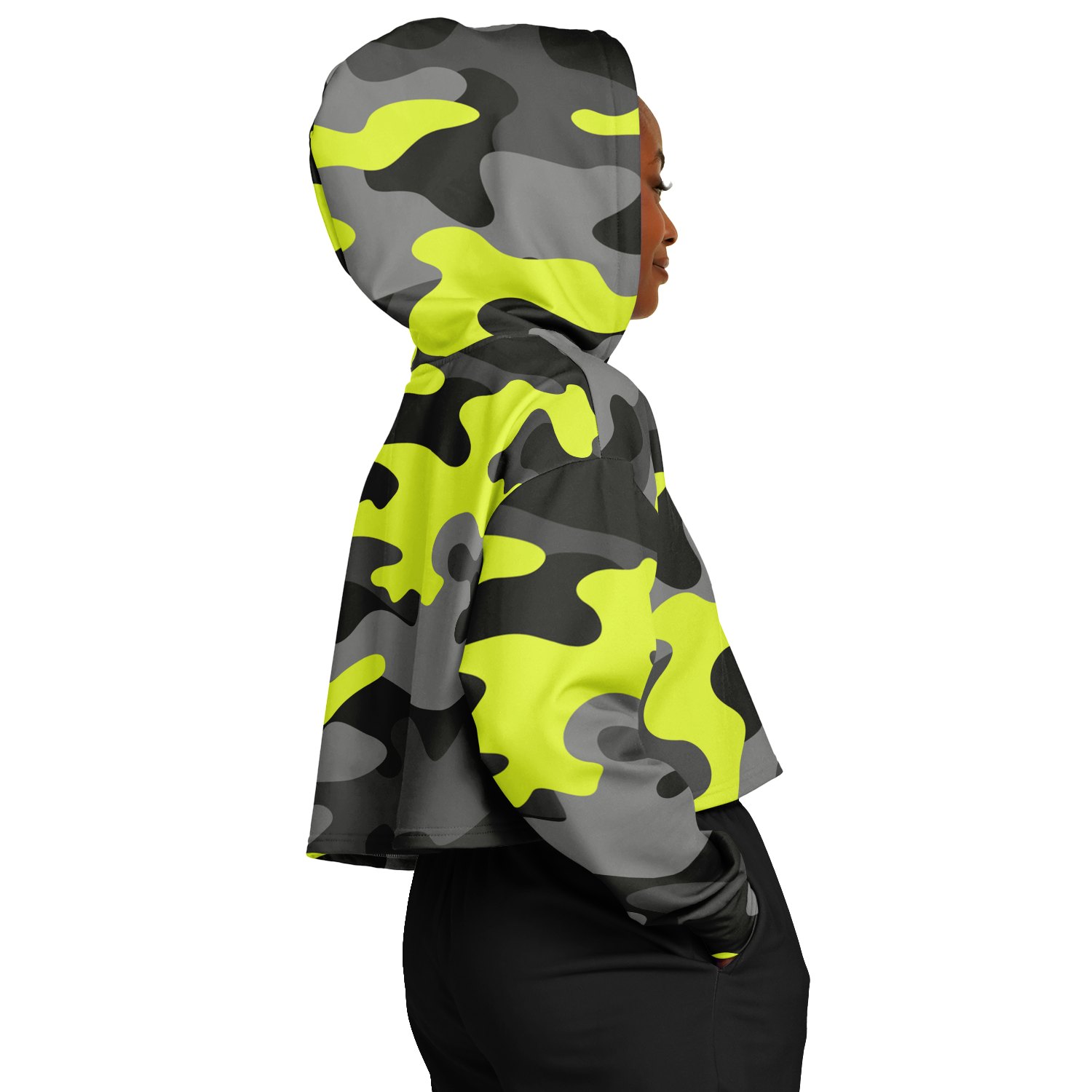 Cropped Hoodie For Women | Black, Gray & Yellow Camouflage