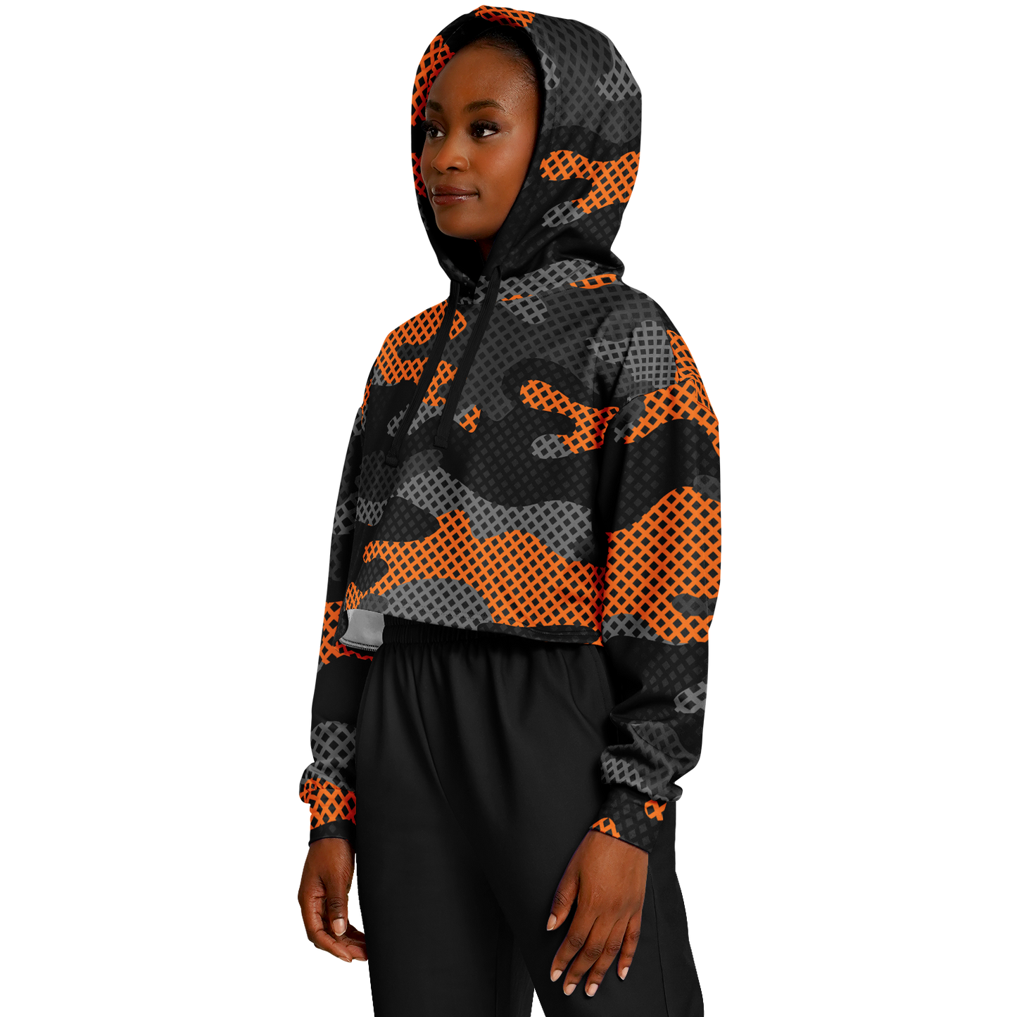 Cropped Hoodie For Women | Black & Orange Pixel Camo