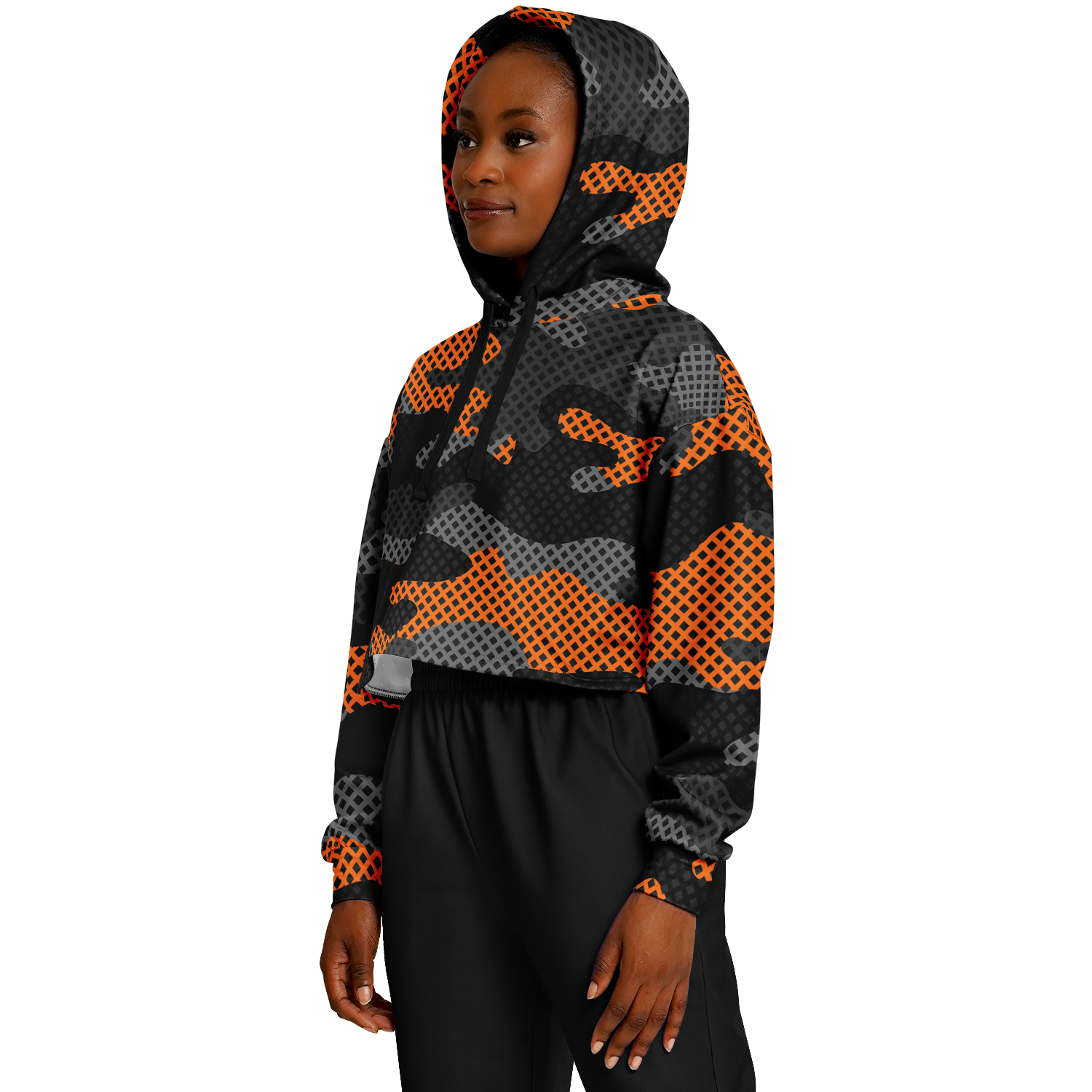 Cropped Hoodie For Women | Black & Orange Pixel Camo