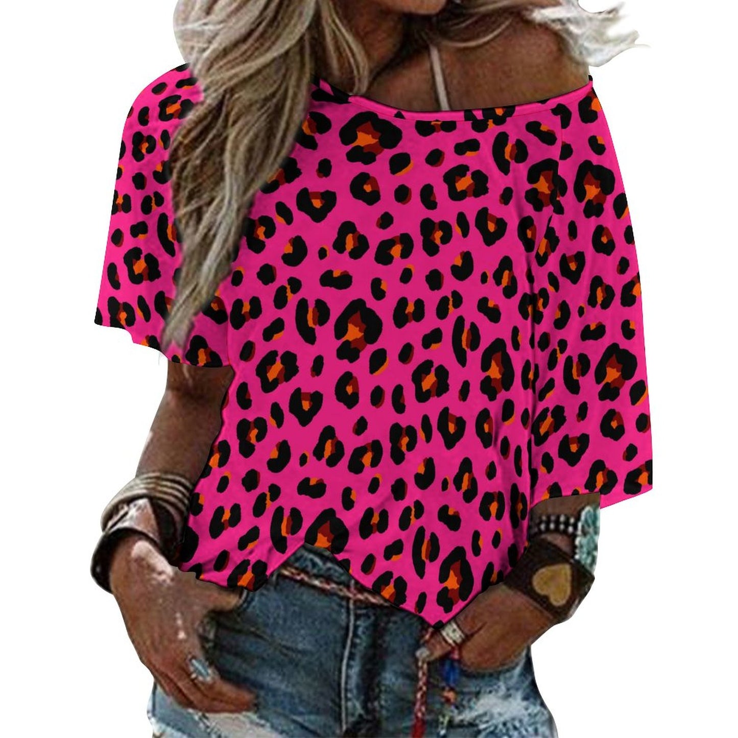 Off The Shoulder Top | Cerise Pink, Orange and Black Leopard Print