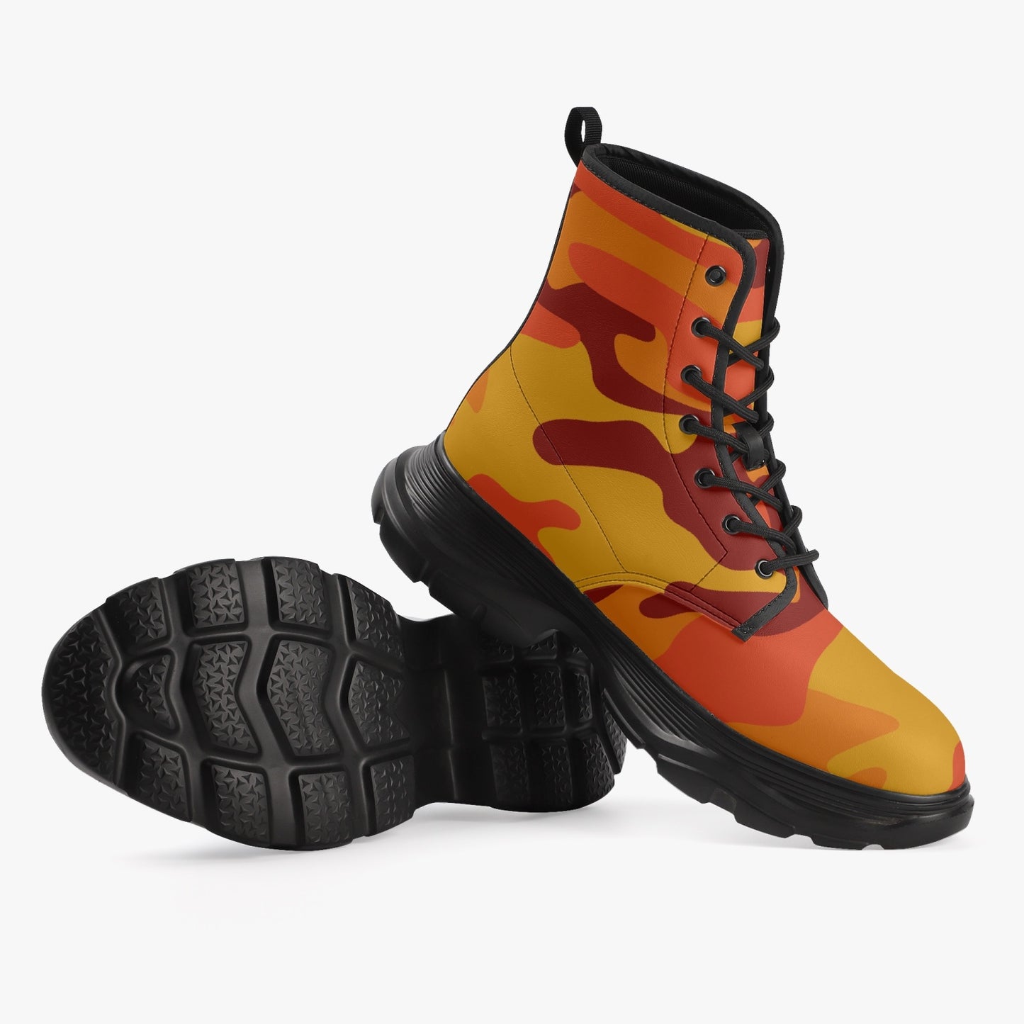 Chunky Boots | Leather in Orange & Red Camouflage