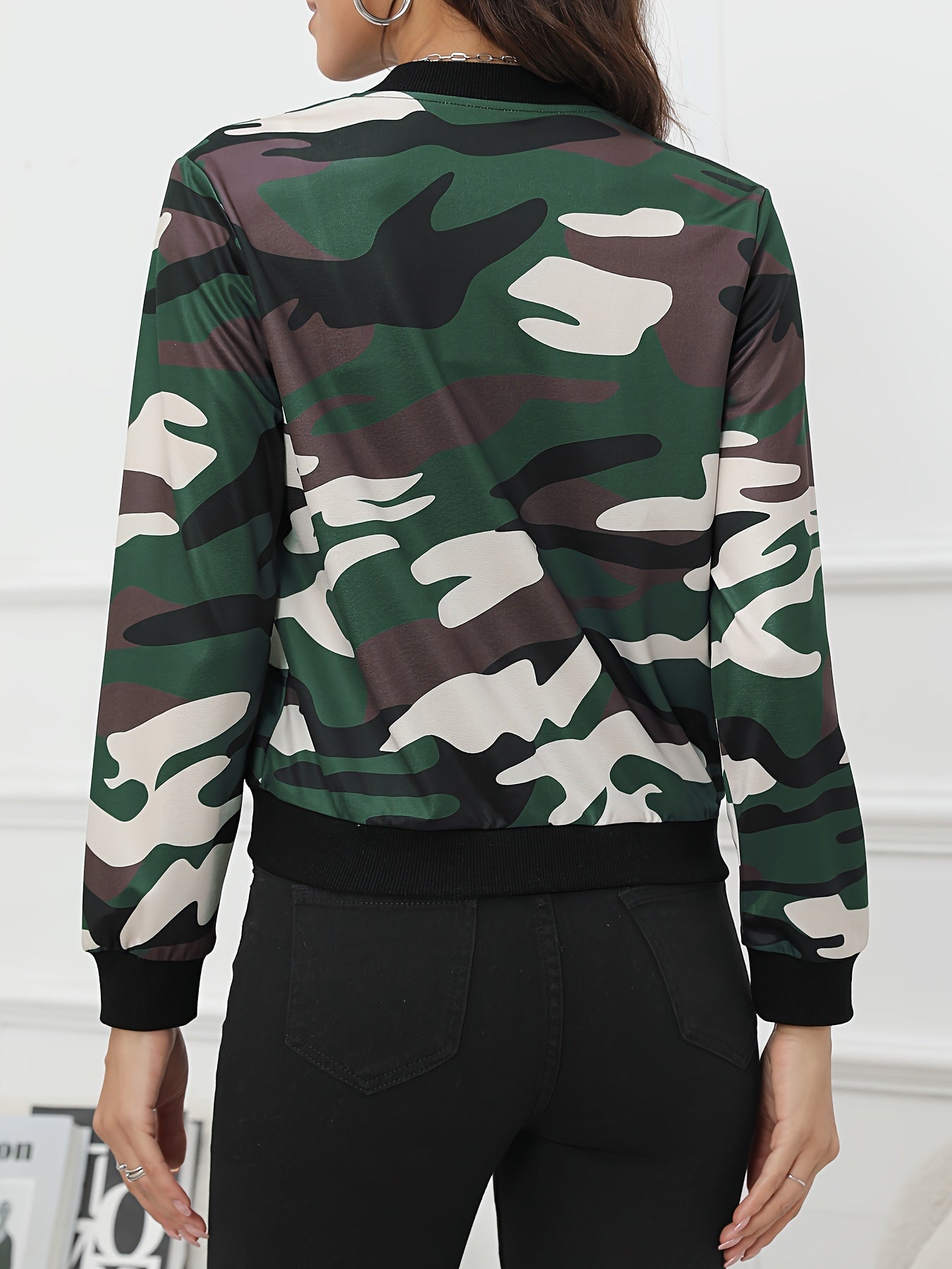 Women's Camo Print Bomber Jacket, Casual Zip Up Long Sleeve Outerwear