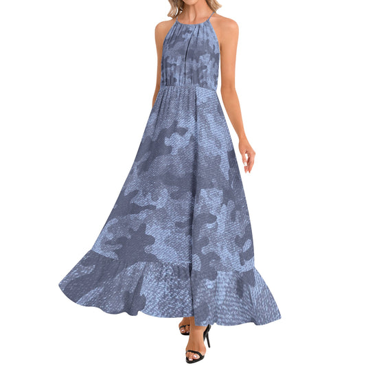 Camo Maxi Dress | Denim Blue Camouflage | Ruffle Hem