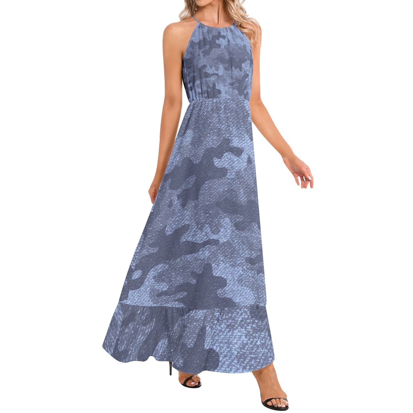 Camo Maxi Dress | Denim Blue Camouflage | Ruffle Hem