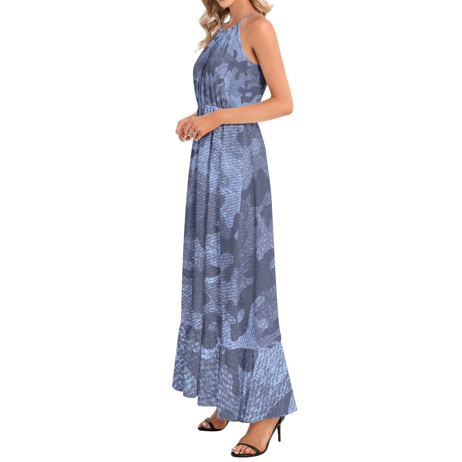 Camo Maxi Dress | Denim Blue Camouflage | Ruffle Hem