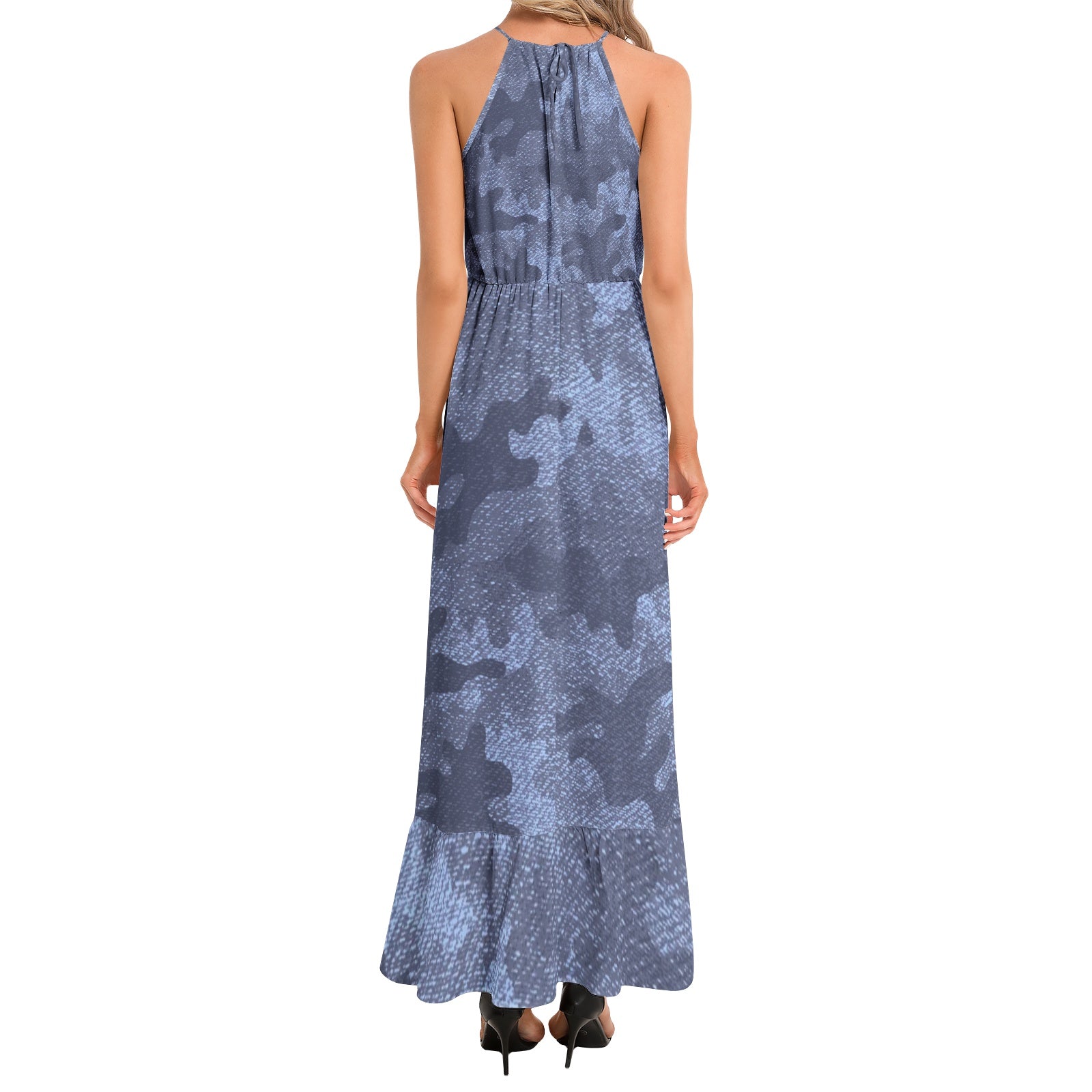 Camo Maxi Dress | Denim Blue Camouflage | Ruffle Hem