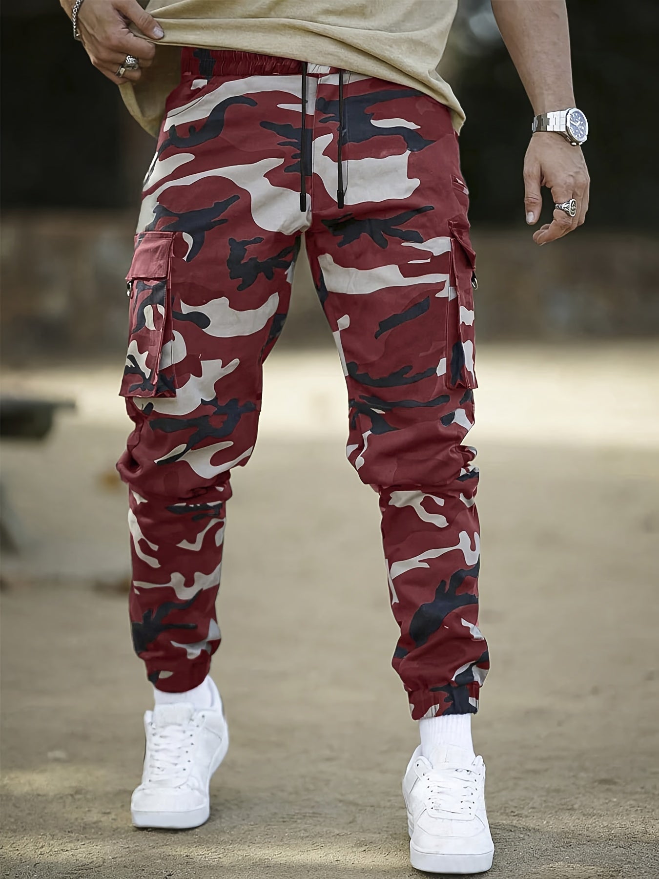 Men's Camo Cargo Pants with Flap Pockets & Invisible Zipper