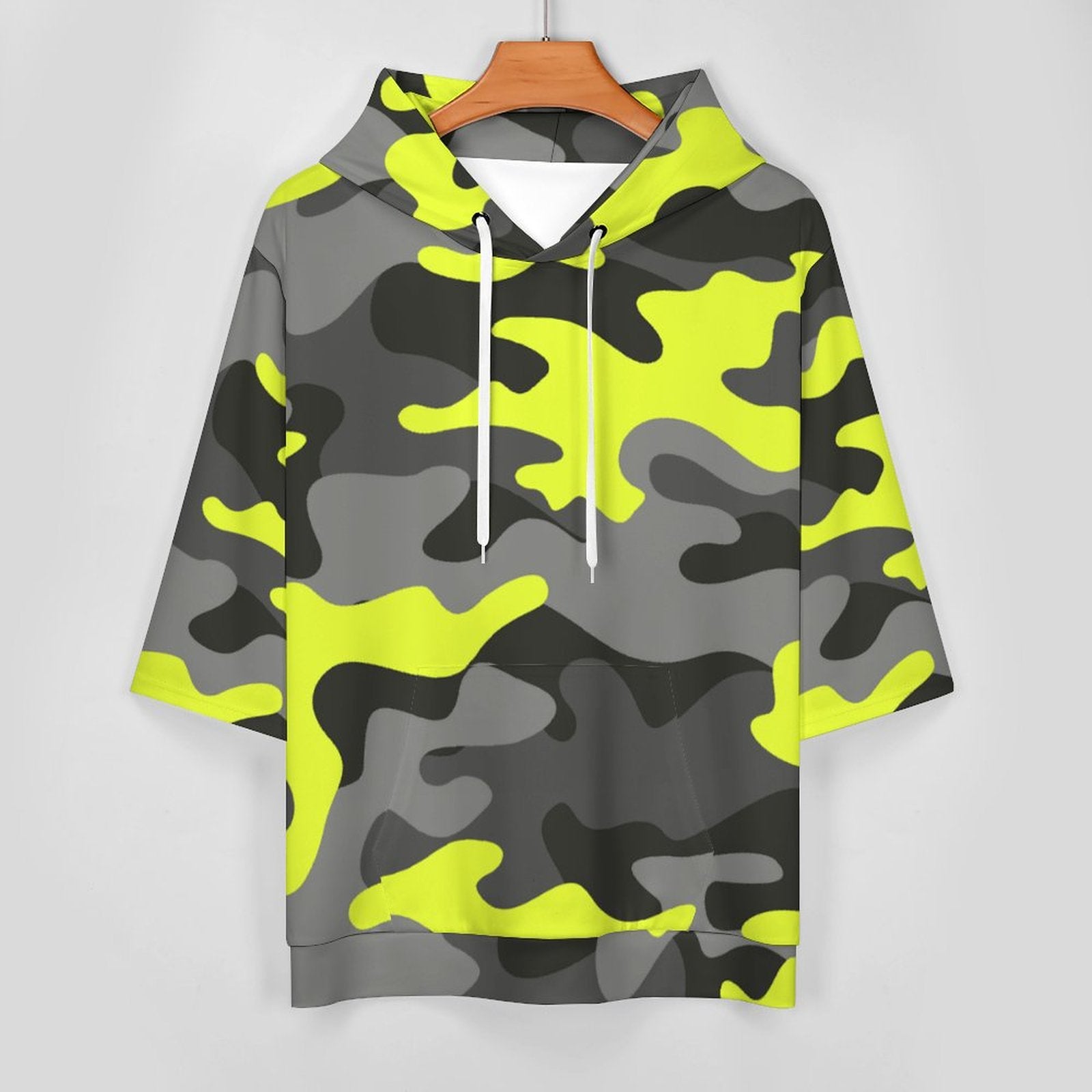 Short Sleeve Hoodie | Black, Gray & Yellow Camouflage