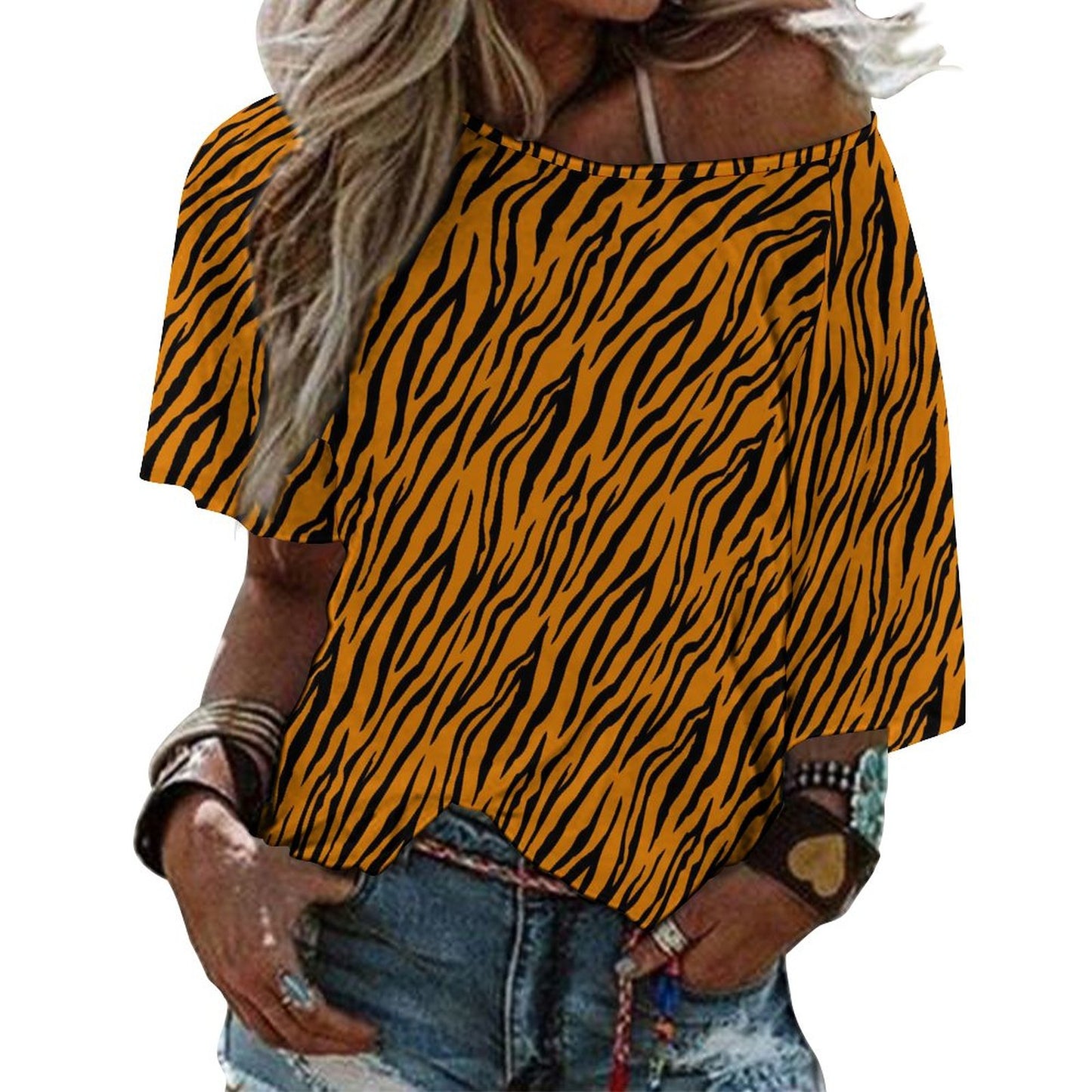 Off The Shoulder Top | Orange and Black Tiger Shirt