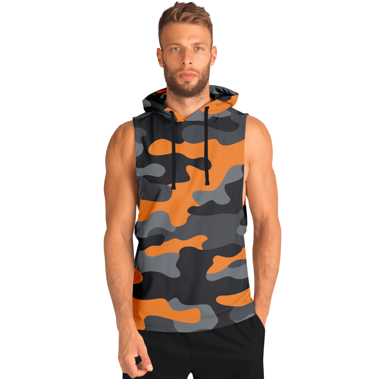 Sleeveless Hoodie | Orange, Gray & Black Camouflage