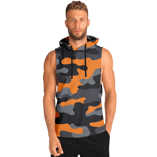 Sleeveless Hoodie | Orange, Gray & Black Camouflage