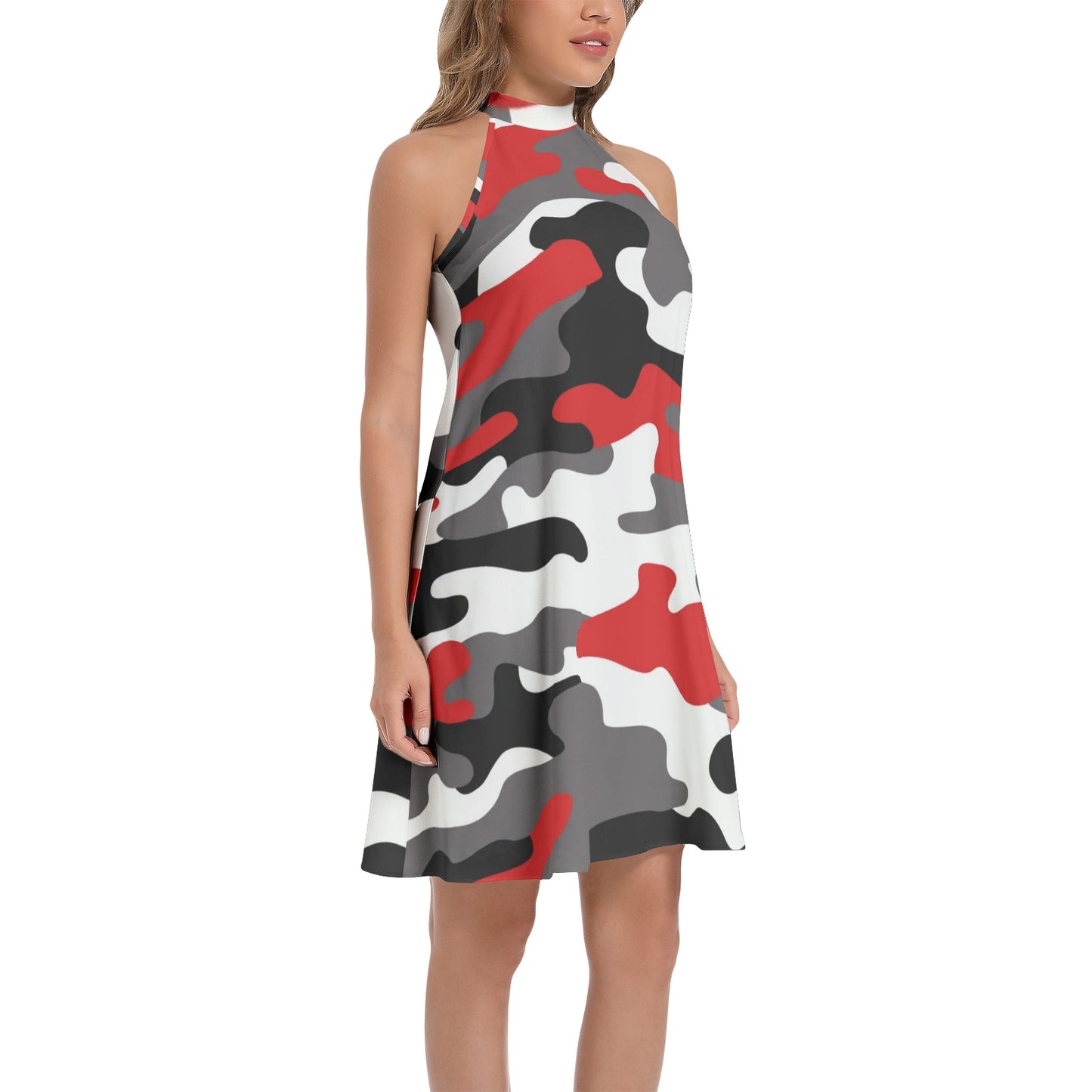 Flared Camo Dress | Halter Neck | Red, Black and White