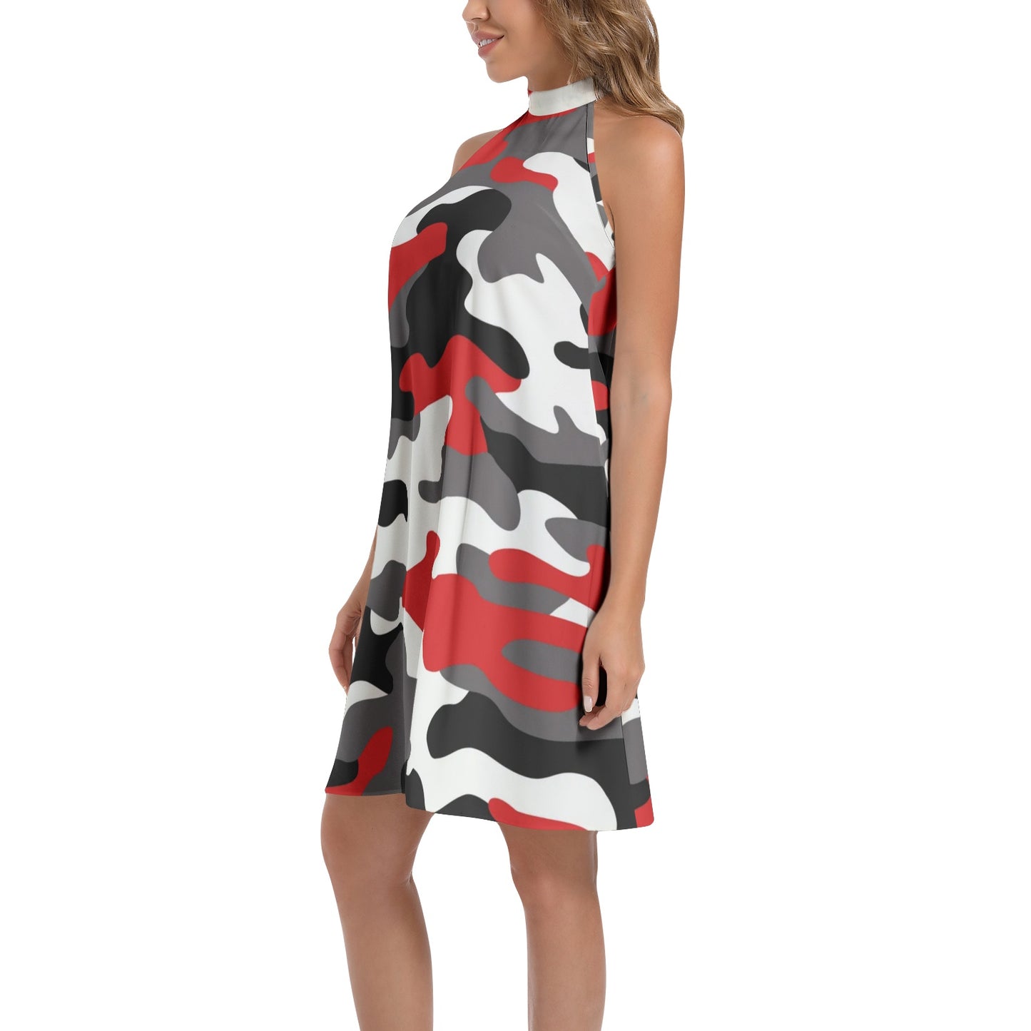 Flared Camo Dress | Halter Neck | Red, Black and White