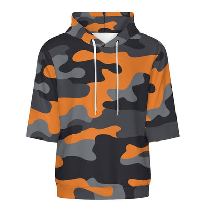 Short Sleeve Hoodie | Orange, Gray & Black Camouflage